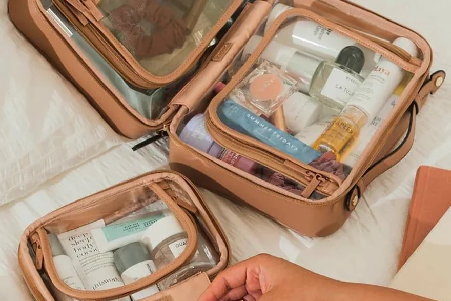 Cosmetic Bag with Jewelry Compartment — Beauty bag material and construction detail